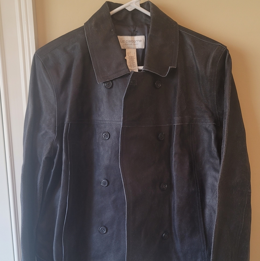 NWOT Liz Claiborne Navy Blue Distressed Leather Jacket Coat Blazer Size L - Picture 1 of 6